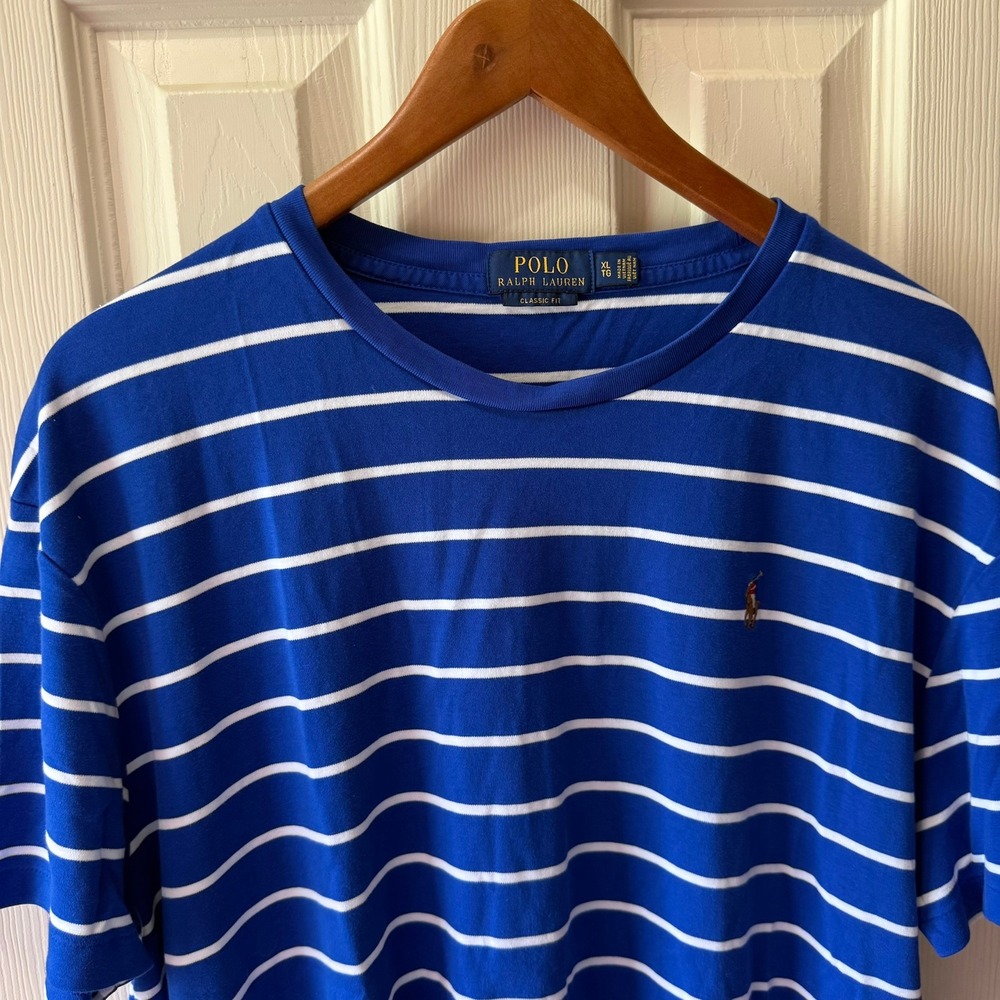 Polo Ralph Lauren Shirt Mens XL Blue White Striped Crew Neck Short Sleeve Tee - Picture 12 of 12